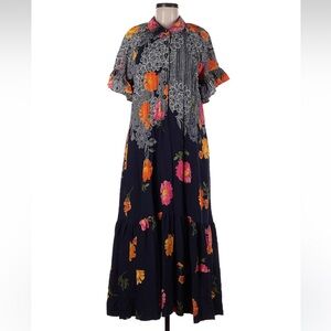 Anthropologie Navy Maxi Dress with Orange and Pink Floral